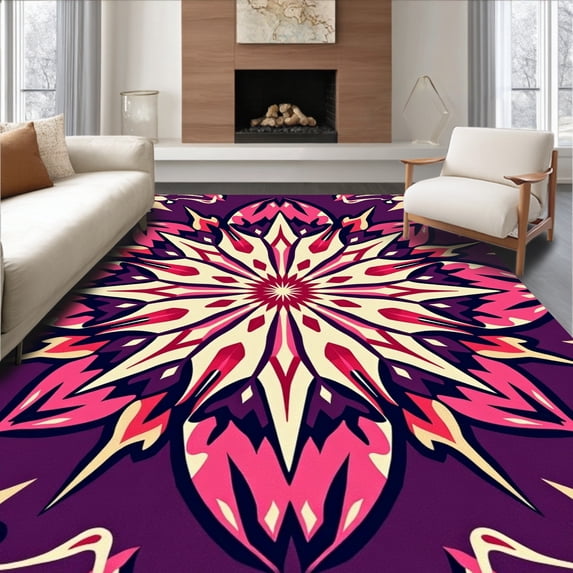 ODIKA 5'x7' Machine Washable Non-Slip Area Rug, Modern Boho Sunburst Featuring Stylized Petal Filaments High Traffic Rug, Purple, 450323