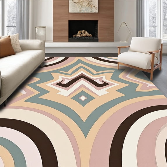 ODIKA 5'x7' Machine Washable Non-Slip Area Rug, Modern Interlocking Wave Motif With Dynamic High Traffic Rug, Brown, 448554