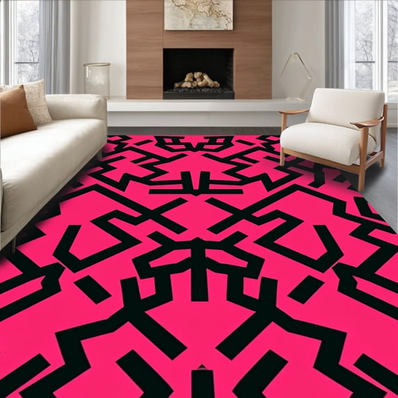 ODIKA 5'x7' Machine Washable Non-Slip Area Rug, Modern Interlocking with Energetic Angular Motifs High Traffic Rug, Pink, 668862
