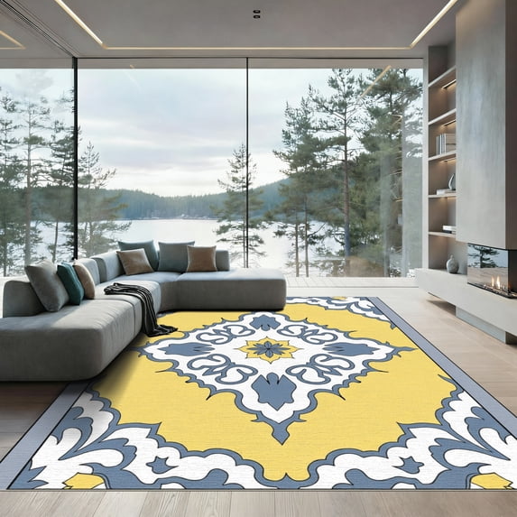 ODIKA 5'x7' Machine Washable Non-Slip Area Rug, Modern Mosaic Lattice with Abstract Floral Filigree Details High Traffic Rug, Yellow, 924750