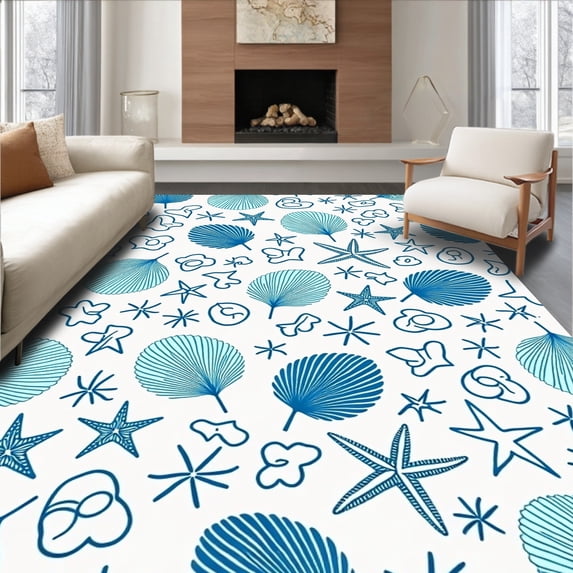 ODIKA 5'x7' Machine Washable Non-Slip Area Rug, Modern Seashell Mosaic Design Featuring Interlocking Nautical Motifs High Traffic Rug, Blue, 536812