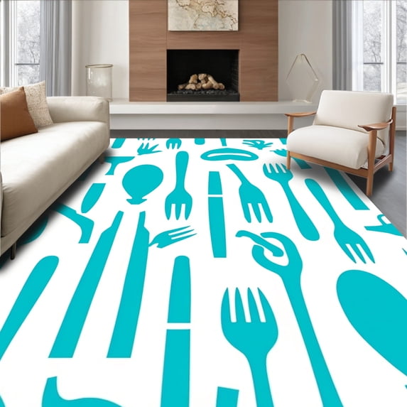 ODIKA 5'x7' Machine Washable Non-Slip Area Rug, Modern Silverware Print with Contemporary Culinary Theme High Traffic Rug, Blue, 734896