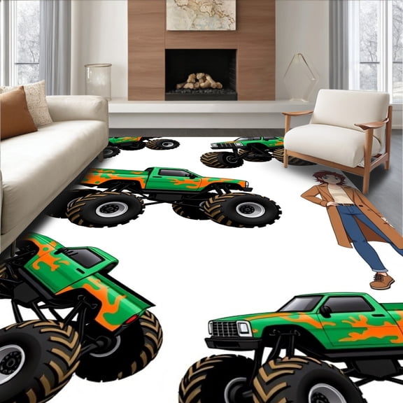ODIKA 5'x7' Machine Washable Non-Slip Area Rug, Monster Truck Adventure Themed High Traffic Rug with Pad, Green, 700555