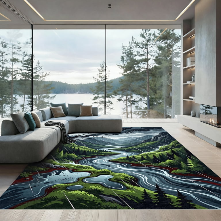 ODIKA 5'x7' Machine Washable Non-Slip Area Rug, Moody Dark Green