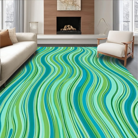 ODIKA 5'x7' Machine Washable Non-Slip Area Rug, Mountain Spring Abstract Rippled Stripe Design with Stylized Fern Details High Traffic Rug with Pad, Blue, 713269