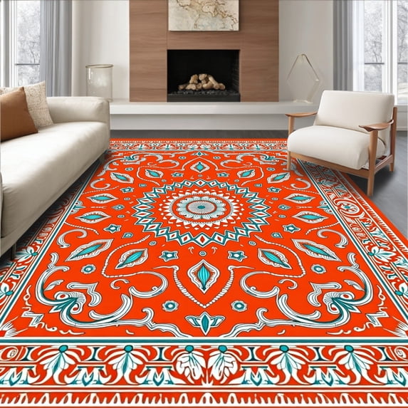 ODIKA 5'x7' Machine Washable Non-Slip Area Rug, Mystic Lotus Medallion Interlocking Floral Mosaic Design High Traffic Rug, Orange, 713867