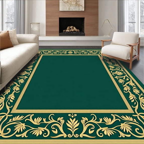 ODIKA 5'x7' Machine Washable Non-Slip Area Rug, Mystical Forest Canopy with Interlocking Leafy Vines and Nature Symbols High Traffic Rug with Pad, Green, 686352