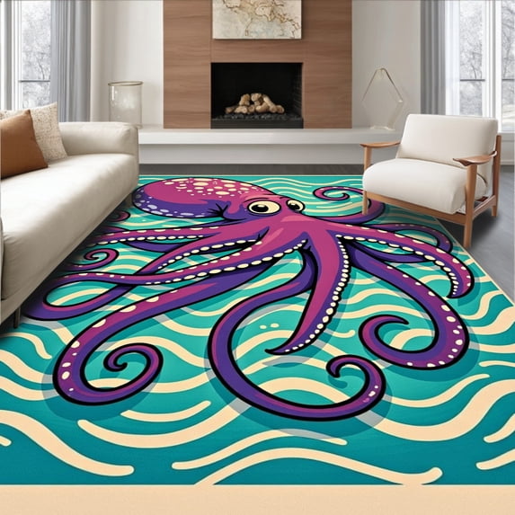 ODIKA 5'x7' Machine Washable Non-Slip Area Rug, Mythical Cephalopod Creature Spiral Maritime High Traffic Rug with Pad, Purple, 656612