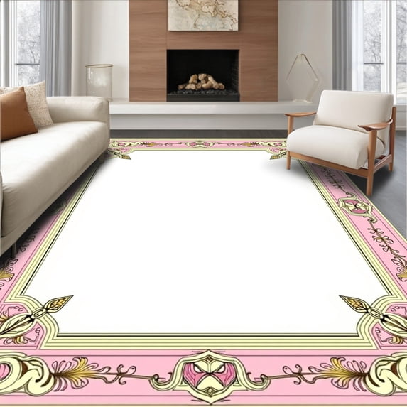 ODIKA 5'x7' Machine Washable Non-Slip Area Rug, Natural Hide with Vintage Medallion Border Details High Traffic Rug, Pink, 531896