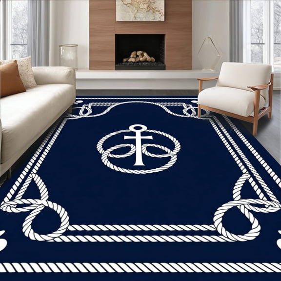 ODIKA 5'x7' Machine Washable Non-Slip Area Rug, Nautical Anchor Rope Knot Welcome Entry High Traffic Rug, Blue, 528811