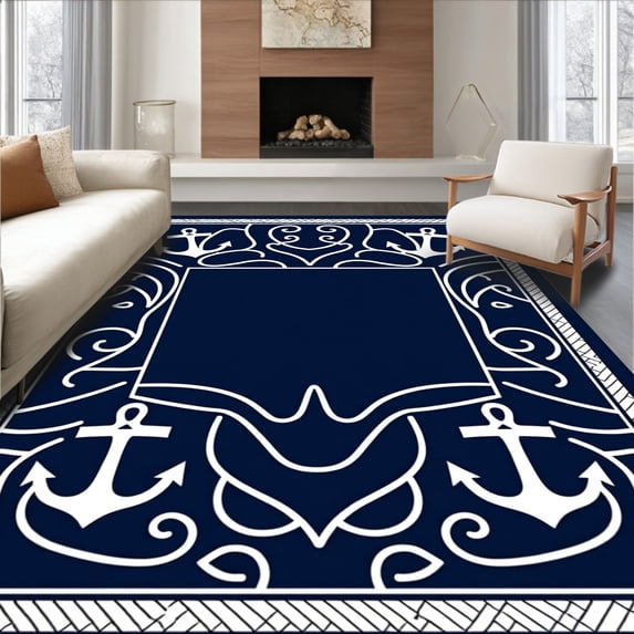 ODIKA 5'x7' Machine Washable Non-Slip Area Rug, Nautical Anchor Wave Maritime Decorative Underfoot Statement High Traffic Rug, Blue, 526918