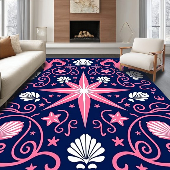 ODIKA 5x7 Machine Washable Non-Slip Area Rug, Nautical Compass Seashell Motif High Traffic Rug, Blue, 706575