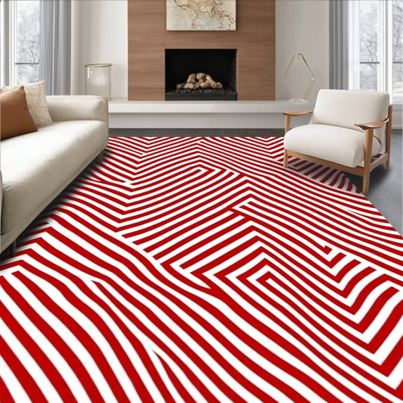 ODIKA 5'x7' Machine Washable Non-Slip Area Rug, Nautical Harbor Zigzag Wave Crest Diagonal Design High Traffic Rug with Pad, Red, 714449