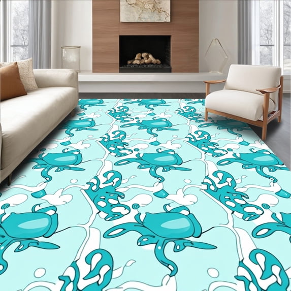 ODIKA 5'x7' Machine Washable Non-Slip Area Rug, Nautical Stars and Shells for Beachy Vibes High Traffic Rug with Pad, Turquoise, 341569