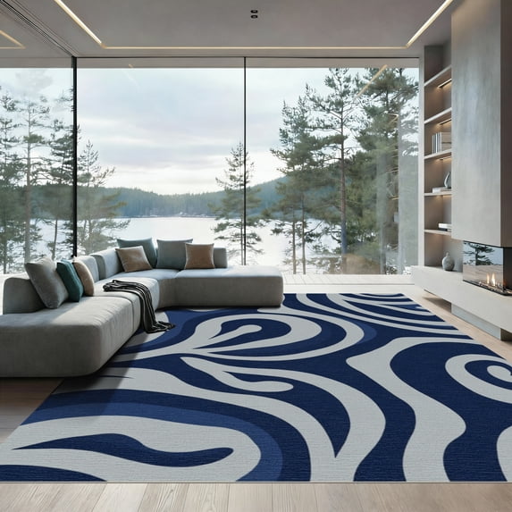 ODIKA 5'x7' Machine Washable Non-Slip Area Rug, Nautical Swirling School of Fish with Interwoven Waves High Traffic Rug with Pad, Blue, 914947