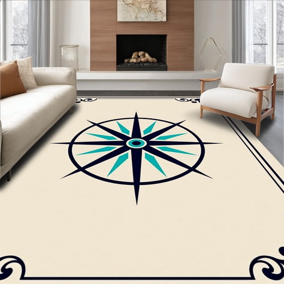 ODIKA 5'x7' Machine Washable Non-Slip Area Rug, Nautical Voyage Compass Journey High Traffic Rug with Pad, Ivory, 702493