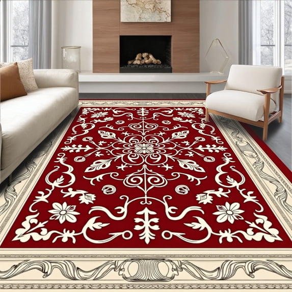 ODIKA 5'x7' Machine Washable Non-Slip Area Rug, Noble Estate Garden Labyrinth Scroll Treasure Grandeur High Traffic Rug with Pad, Red, 665712