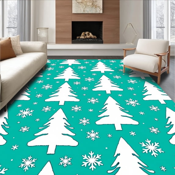 ODIKA 5'x7' Machine Washable Non-Slip Area Rug, Nordic Fir Tree Patchwork and Falling Snow Crystal Motif High Traffic Rug, Blue, 621292