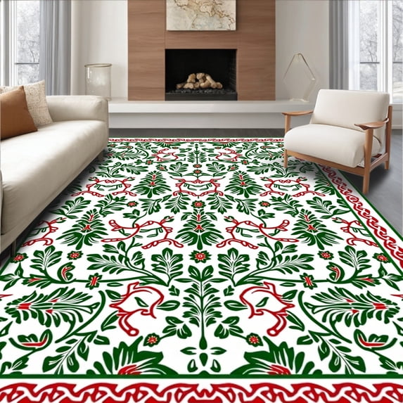ODIKA 5'x7' Machine Washable Non-Slip Area Rug, Nordic Fir with Ribbon Accent High Traffic Rug with Pad, Green, 612796