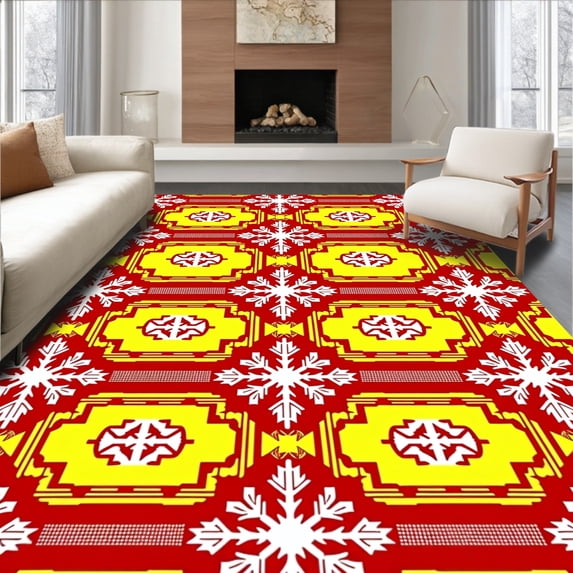 ODIKA 5'x7' Machine Washable Non-Slip Area Rug, Nordic Inspired Snowflake Tartan with Festive Touch High Traffic Rug, Red, 612143