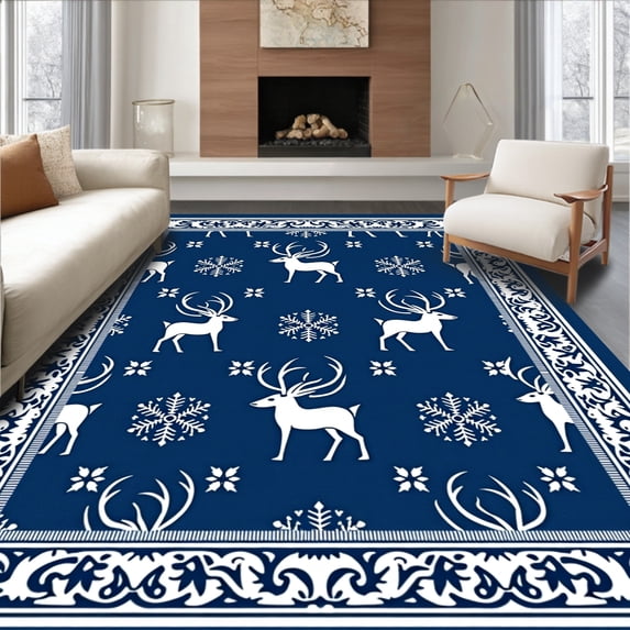 ODIKA 5'x7' Machine Washable Non-Slip Area Rug, Nordic Reindeer Parade Hooked Featuring Snowflake Borders High Traffic Rug, Blue, 645302