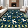 thumbnail image 1 of ODIKA 5'x7' Machine Washable Non-Slip Area Rug, Nordic Reindeer Parade Interlocking Snowflake Folk Holiday High Traffic Rug, Blue, 737765, 1 of 7