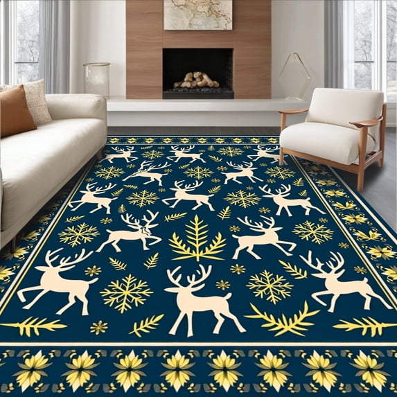 ODIKA 5'x7' Machine Washable Non-Slip Area Rug, Nordic Reindeer Parade Interlocking Snowflake Folk Holiday High Traffic Rug, Blue, 737765
