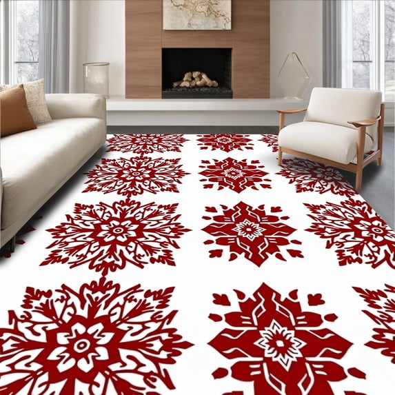 ODIKA 5'x7' Machine Washable Non-Slip Area Rug, Nordic Snowflake Mosaic Medallion High Traffic Rug, Red, 621591