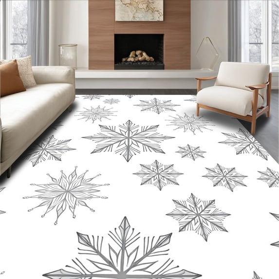 ODIKA 5'x7' Machine Washable Non-Slip Area Rug, Nordic Snowflake Motif Super with Crystalline Design High Traffic Rug with Pad, White, 615790