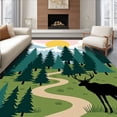 thumbnail image 1 of ODIKA 5'x7' Machine Washable Non-Slip Area Rug, Nordic Sunrise Landscape Featuring Stylized Forest and Elk Emblem High Traffic Rug, Green, 451919, 1 of 7