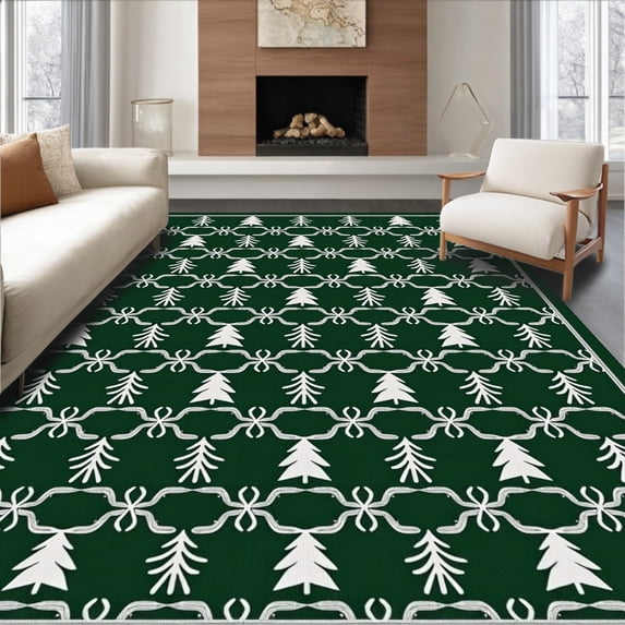 ODIKA 5'x7' Machine Washable Non-Slip Area Rug, Nordic Woodland Festive with Pine Trees and Snowflake Motifs High Traffic Rug, Green, 621814