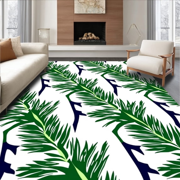 ODIKA 5'x7' Machine Washable Non-Slip Area Rug, Ocean Breeze Palm Frond with Scattered Starfish and Nautical Stripes High Traffic Rug, Green, 713935