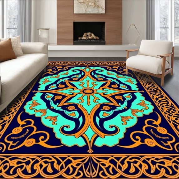 ODIKA 5'x7' Machine Washable Non-Slip Area Rug, Ocean Waves Design with Nautical Compass High Traffic Rug, Orange, 703533