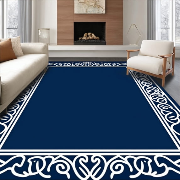 ODIKA 5'x7' Machine Washable Non-Slip Area Rug, Oceanic Wave Scroll Design with Seashell Border High Traffic Rug with Pad, Blue, 550206