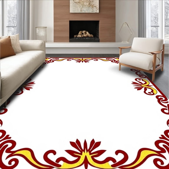 ODIKA 5'x7' Machine Washable Non-Slip Area Rug, Opulent Ceremony Intertwined Ribbon and Starburst High Traffic Rug with Pad, Red, 731346