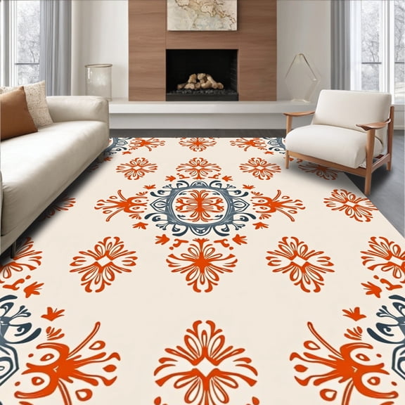ODIKA 5'x7' Machine Washable Non-Slip Area Rug, Opulent Damask Floor Covering High Traffic Rug, Beige, 349631