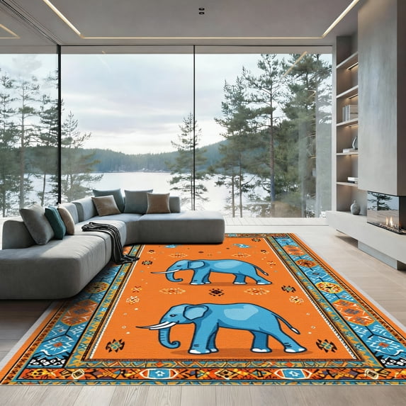 ODIKA 5'x7' Machine Washable Non-Slip Area Rug, Oriental Burnt Orange High Traffic Rug, Orange, 1035394