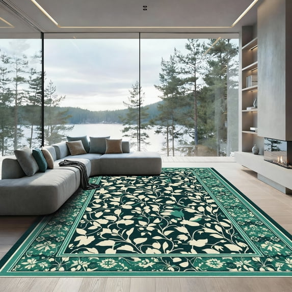 ODIKA 5'x7' Machine Washable Non-Slip Area Rug, Oriental Dark Teal High Traffic Rug, Green, 1051306