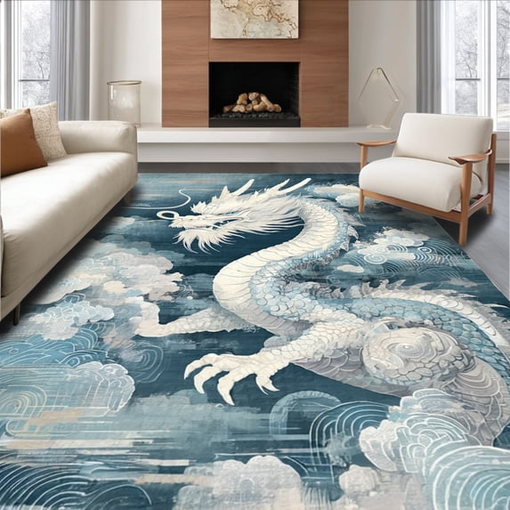 ODIKA 5x7 Machine Washable Non-Slip Area Rug, Oriental High Traffic Rug, Blue, 120225