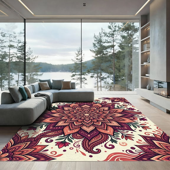ODIKA 5'x7' Machine Washable Non-Slip Area Rug, Oriental Maroon High Traffic Rug, Red, 1017895