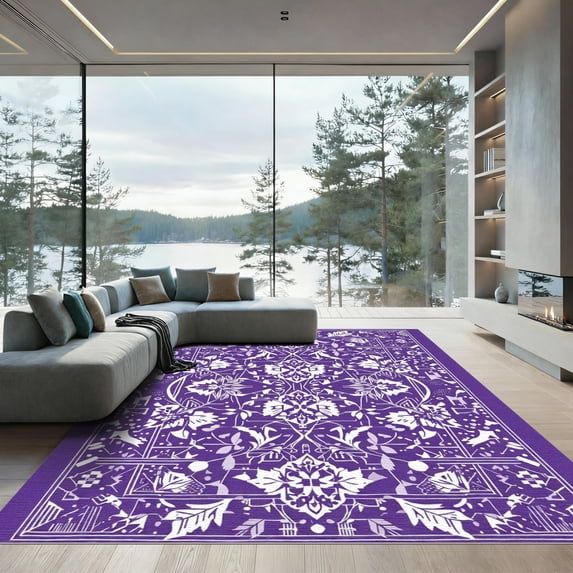 ODIKA 5'x7' Machine Washable Non-Slip Area Rug, Oriental Purple High Traffic Rug with Pad, Purple, 1048802