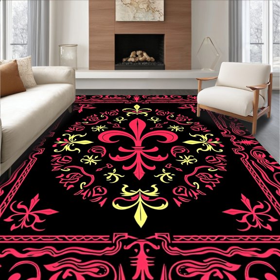 ODIKA 5'x7' Machine Washable Non-Slip Area Rug, Ornamental Fleur de with Ruby and Moss Green Details High Traffic Rug, Black, 664985