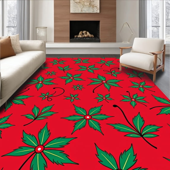 ODIKA 5'x7' Machine Washable Non-Slip Area Rug, Ornamental Holly Berry Decorative Floor with Traditional Accents High Traffic Rug, Red, 611494