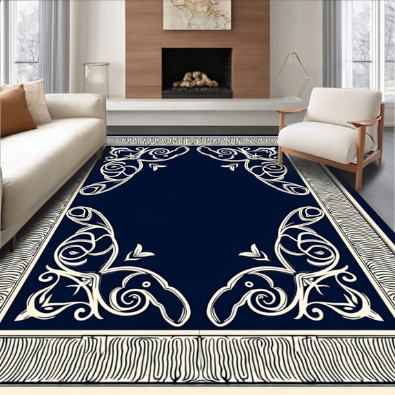 ODIKA 5'x7' Machine Washable Non-Slip Area Rug, Ornate Floral Motif with Contemporary Minimalist Accents High Traffic Rug, Black, 446125