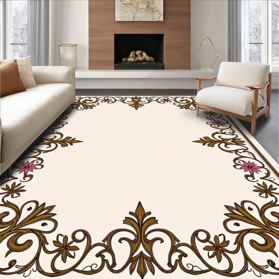 ODIKA 5'x7' Machine Washable Non-Slip Area Rug, Ornate Rococo Scrollwork with Fleur de and Baroque Blossom Details High Traffic Rug with Pad, Brown, 541726