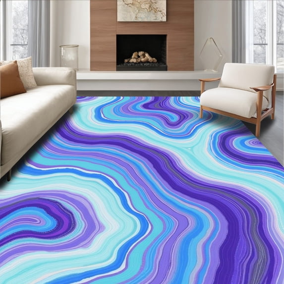 ODIKA 5'x7' Machine Washable Non-Slip Area Rug, Overdyed Abstract Watercolor Waves High Traffic Rug with Pad, Blue, 492286