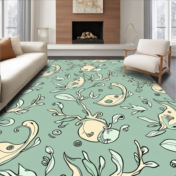 ODIKA 5'x7' Machine Washable Non-Slip Area Rug, Paisley Garden Motif with Swirling Vine Embellishments High Traffic Rug with Pad, Ivory, 499505