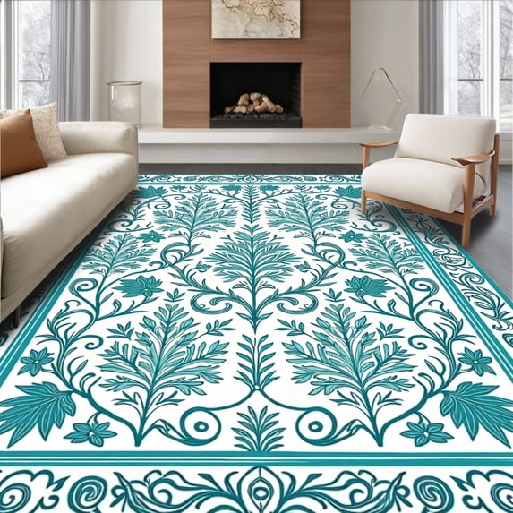 ODIKA 5'x7' Machine Washable Non-Slip Area Rug, Paisley Garden Trellis with Blooming Floral Clusters High Traffic Rug, Teal, 570743