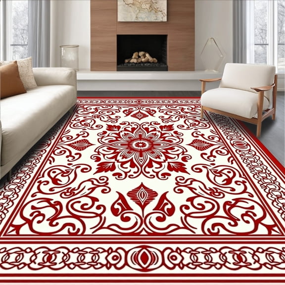 ODIKA 5x7 Machine Washable Non-Slip Area Rug, Paisley Scroll Cushioned Base High Traffic Rug, Red, 459078
