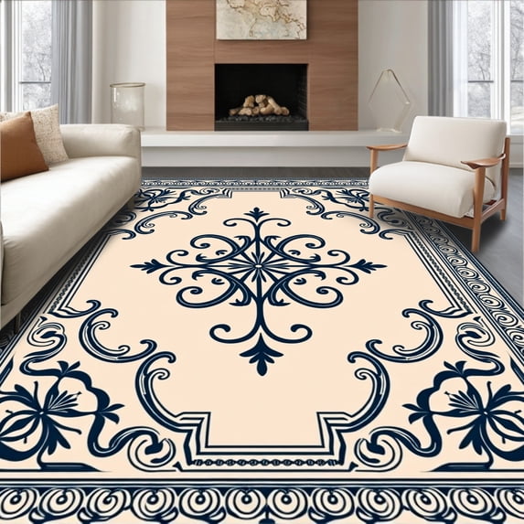 ODIKA 5'x7' Machine Washable Non-Slip Area Rug, Palatial Damask Ornamentation with Scrolls and Leafy Flourishes High Traffic Rug with Pad, Beige, 666066